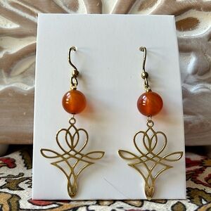 Carnelian and Brass Motif Handmade Boho Earrings - 2” Drop - New